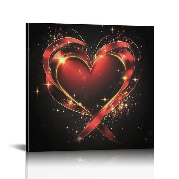 Fenyluxe Heart Shape Ribbon Sparkles Art Modern Canvas Prints Framed Wall Art Decor Gift Idea for Home Living Room Decor 12x12in