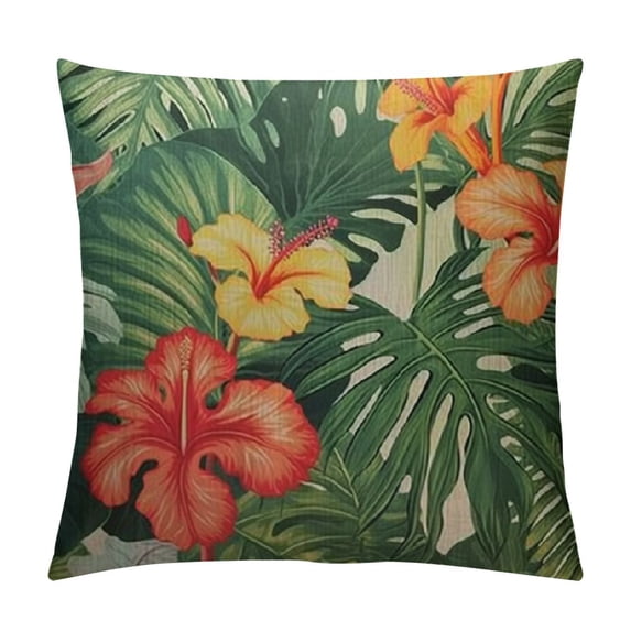 Fenyluxe Hibiscus Flowers Throw Pillow Case Summer Colorful Hawaiian Tropical Plants Palm Leaf Pillow Cushion Cover Decorative Waist Home Decorations 12x12in