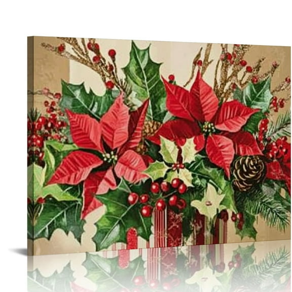 Fenyluxe Holly Poinsettias Canvas Prints Wall Art Ready To Hang Room Home Decor for Christmas 16x12in