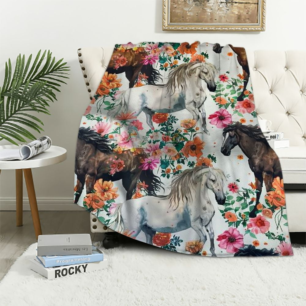 Fenyluxe Horse Blanket Gift for Girls Women Cute Animal Horses Flowers