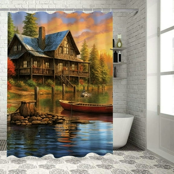 Fenyluxe House by the Lake Bathroom Shower Curtain Set with Hooks 100% Polyester Washable Waterproof Curtain for Bathroom Decoration 36"x72