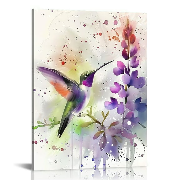Fenyluxe Hummingbird Purple Flower Watercolor Splashes Canvas Print Wall Art Home Decoration Ready to Hang 12x16in