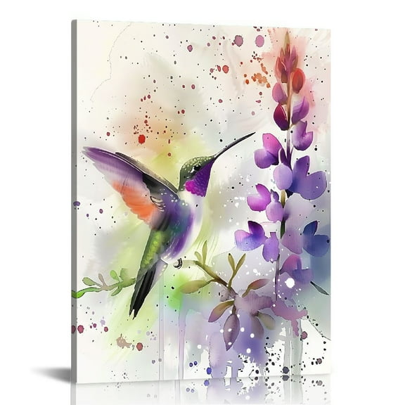 Fenyluxe Hummingbird Purple Flower Watercolor Splashes Canvas Print Wall Art Home Decoration Ready to Hang 16x20in
