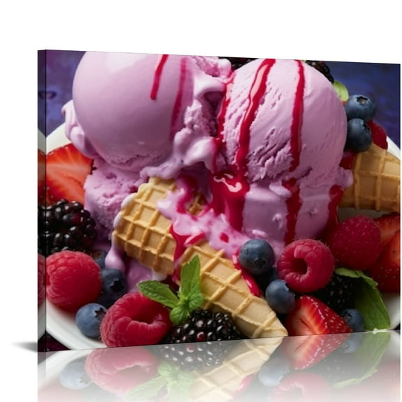 Fenyluxe Ice Cream Berries Pastel Canvas Wall Art Decor Ready To Hang Room Home Art Decor 16x12in