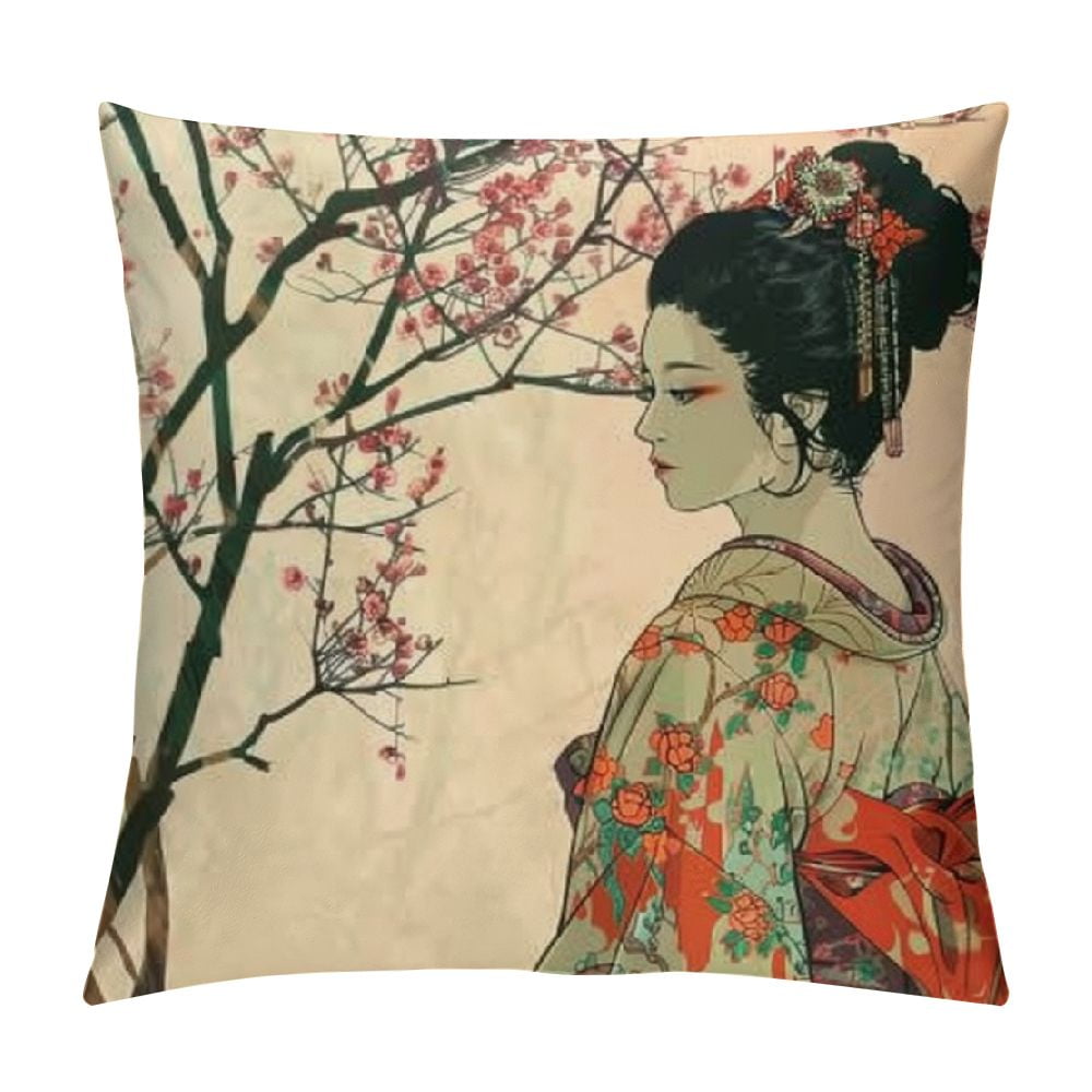 Fenyluxe Japanese Pillow Case,Sofa Throw Pillow Cover ,Retro Beautiful Flower Japan Geisha Girls