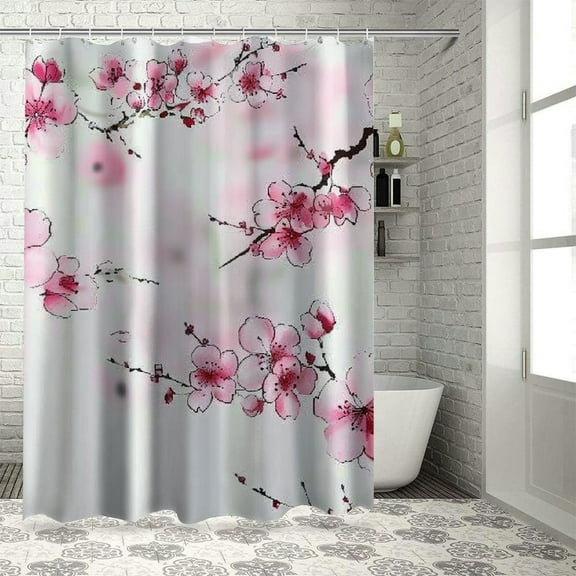 Fenyluxe Japanese Shower Curtain, Cherry Blossom Sakura Tree Floral Branch Spring Season Theme Image, Cloth Fabric Bathroom Decor Set with Hooks White