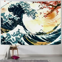 Fenyluxe  Japanese Wave Tapestry, Cool Ocean Wave Wall Tapestry, Asian Anime Mount Red Sun Cherry Blossom Decorations Tapestry Wall Hanging for Bedroom Artistic 40x30inch