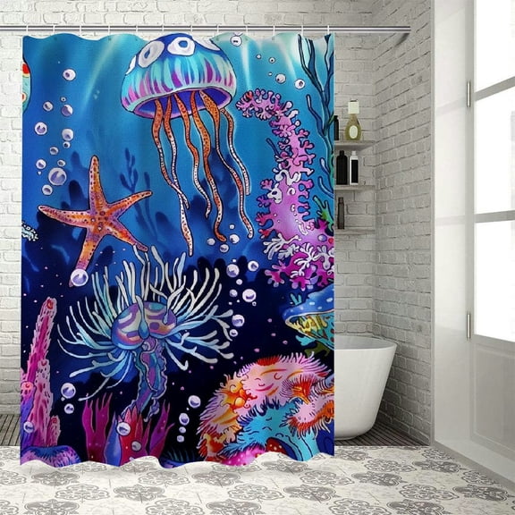 Fenyluxe Kids Ocean Shower Curtain Coastal Beach Theme Bathroom Curtain, Jellyfish Bath Curtain ,Purple Starfish Sea Shell Shower Curtain, Coral Bathroom Curtain Aesthetic Room Decor White