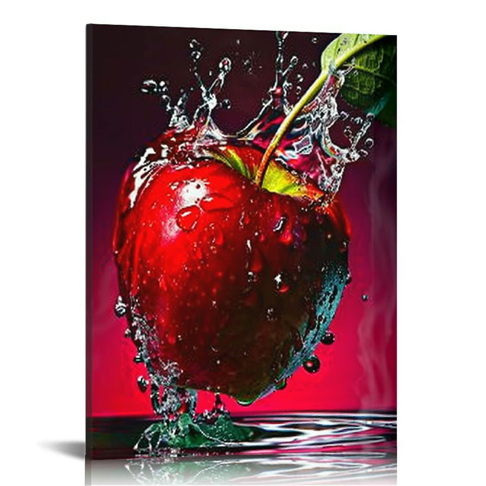 Fenyluxe Kitchen Art, Red Apple Fruit Canvas for Dining Room Decoration, Modern Fruit Kitchen Painting Poster Wall Art Canvas Print Home Decor Gifts Framed Hanging 12x16 in