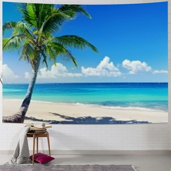 Fenyluxe -Large Canvas Wall Art Summer Ocean Waves Coconut Trees on Sands Beach Seascape Painting Sea Nature Pictures for Living Room Home Office Wall Decor Artwork 60x50inch