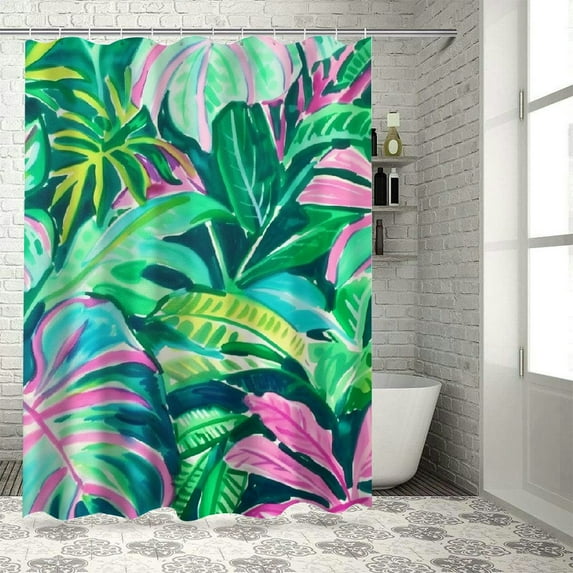 Fenyluxe Leaves Pink Green Shower Curtain Set with Hooks for Chic Modern Bathroom Decor - 100% Polyester Fiber, Various Sizes 69"x72
