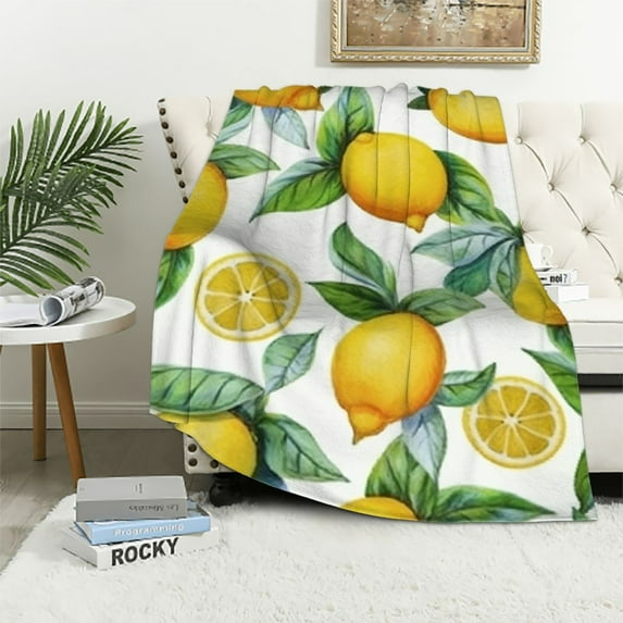 Fenyluxe Lemons Leaves Print Throw Blanket Super Soft Lightweight Blanket for All Seasons - Bed Couch Car for Kids and Adults 40x50in