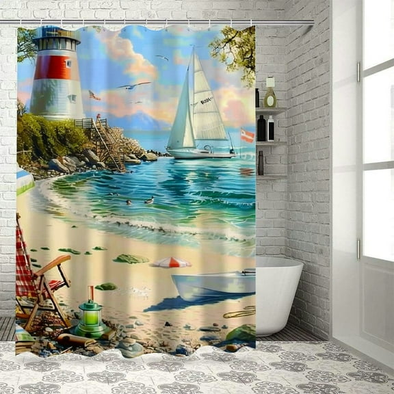 Fenyluxe Lighthouse Sailboat Shower Curtain with Hooks, 100% Polyester Washable Curtain - Various Sizes 36"x72
