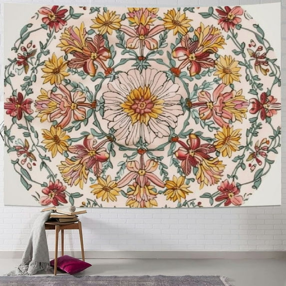 Fenyluxe Mandala Floral Medallion Tapestry, Sketched Flower Plant Boho Wall Hanging, Bohemian Hippie Tapestries for Bedroom Living Room Dorm Home Décor (RosyBrown) 40x30inch