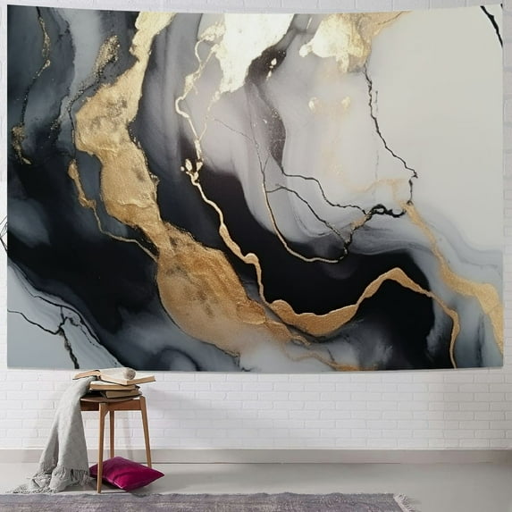 Fenyluxe Marble Gold Black Paint Short Plush Tapestry Wall Hanging Dorm Decoration Bedroom Lightweight Vivid Design Multi-functional Easy Installation 4 Sizes Available 40x30inch