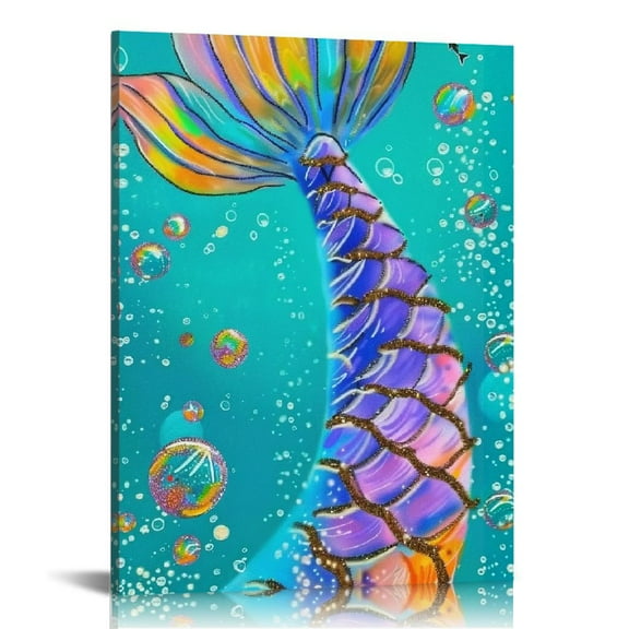 Fenyluxe Mermaid Tail Bubbles Fish Canvas Wall Art Decor Ready to Hang for Home Office Living Room Bathroom Bedroom Kitchen - Made in America 12x16in