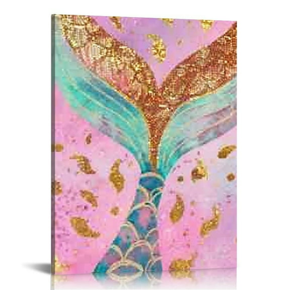 Fenyluxe Mermaid Tail Gold Glitter Pink Background Canvas Wall Art Print on Canvas Home Decor Living Room Bathroom Bedroom Office - Made in America 12x16in