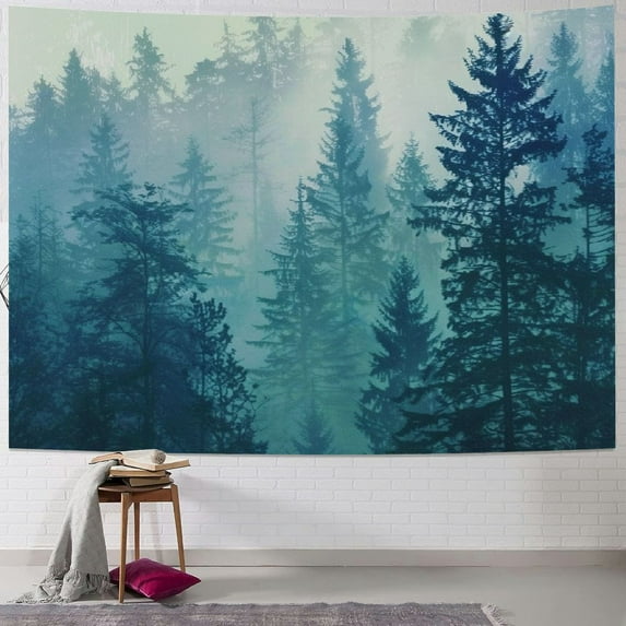 Fenyluxe Misty Forest Wall Decor Tapestry for Bedroom, Grey Nature Foggy Tree Tapestries Wall Hanging for Living Room, Blue Landscape Backdrop Ceiling Poster Decor Tapestries for Dorm 60x50inch