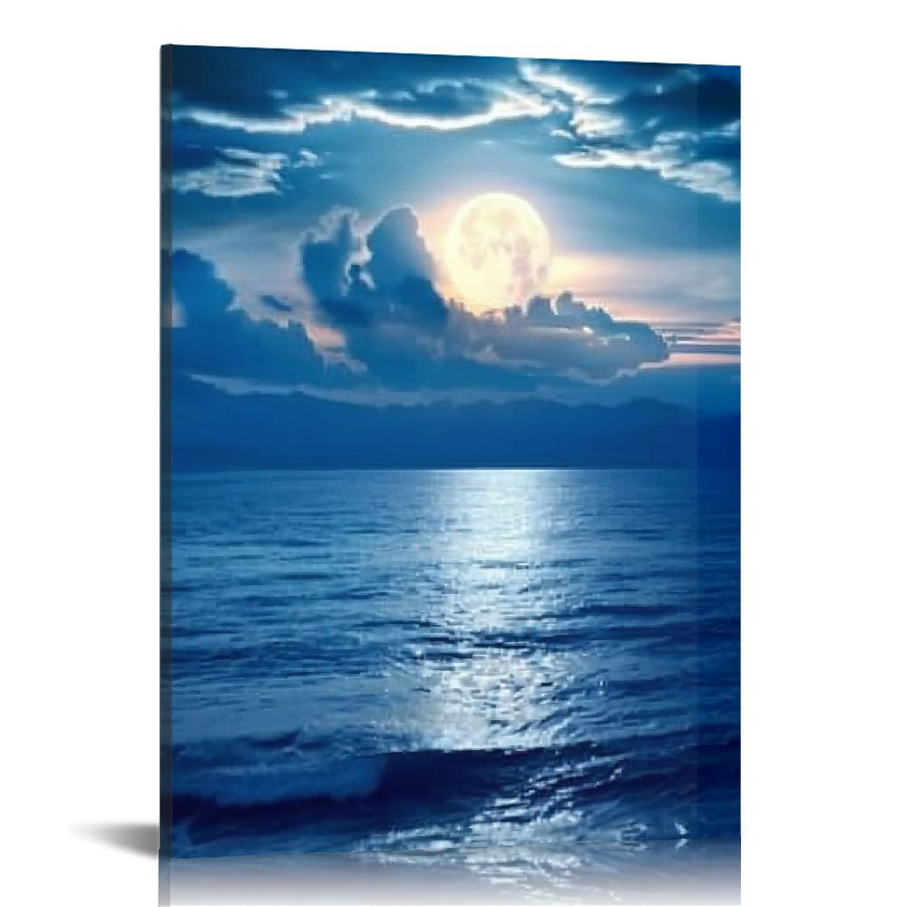 Fenyluxe Modern Blue Clouds Landscape Canvas Wall Art Moon Sea Beach ...
