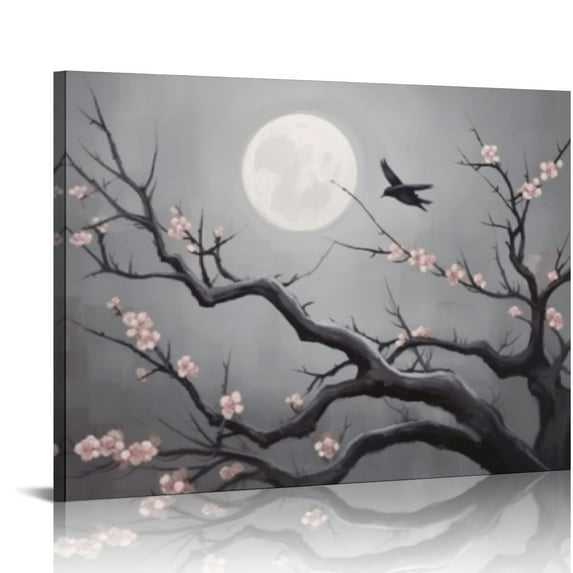 Fenyluxe Moon Bird Digital Painting Canvas Wall Art Ready To Hang Room Home Art Decor 20x16in