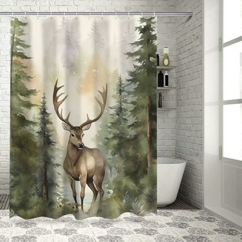 Fenyluxe Moose Deer Forest QuickDrying Shower Curtain Set for Bathroom