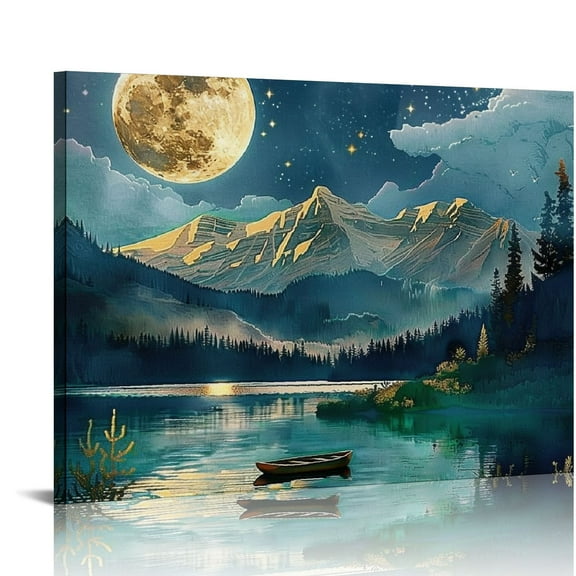 Fenyluxe Mountain Lake Boat Full Moon Canvas Art Modern Prints Wall Art for Home Decor 20x16in