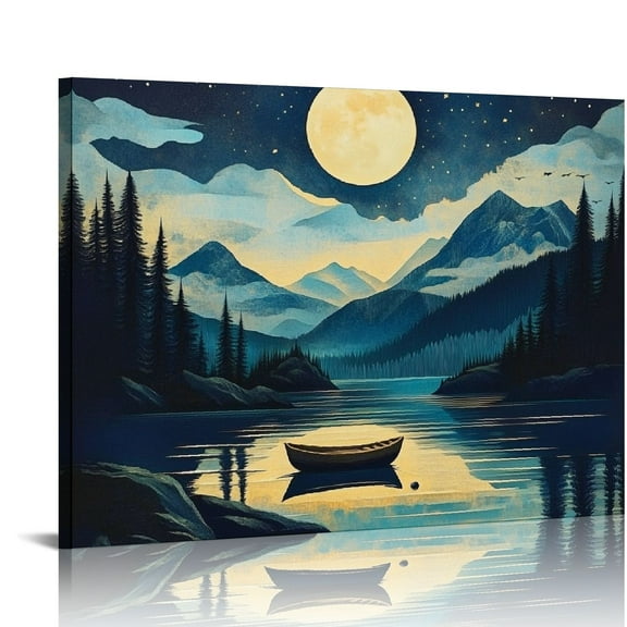 Fenyluxe Mountain Lake Boat Full Moon Canvas Wall Art Decor 16x12in