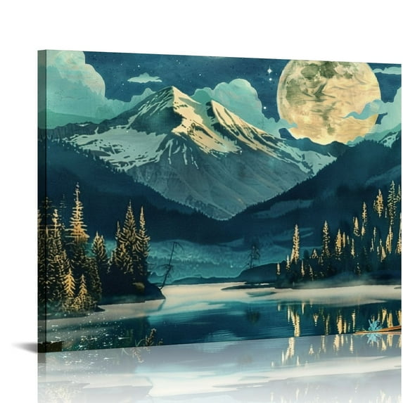 Fenyluxe Mountain Lake Boat Full Moon Canvas Wall Decor Ready to Hang for Bedroom Kitchen - Art for Home and Office Decoration 16x12in