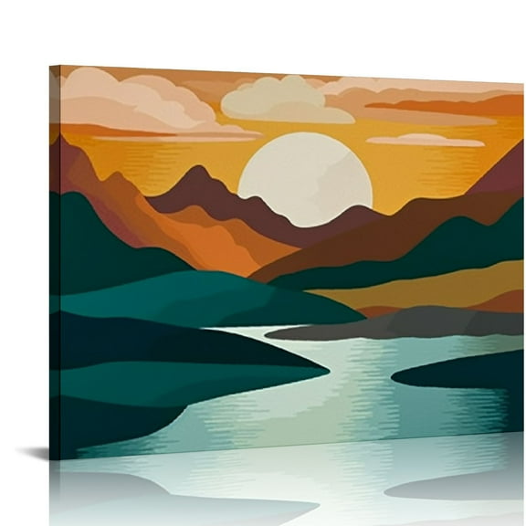Fenyluxe Mountain Lake Sun Canvas Print Wall Art Decor Ready to Hang 16x12in
