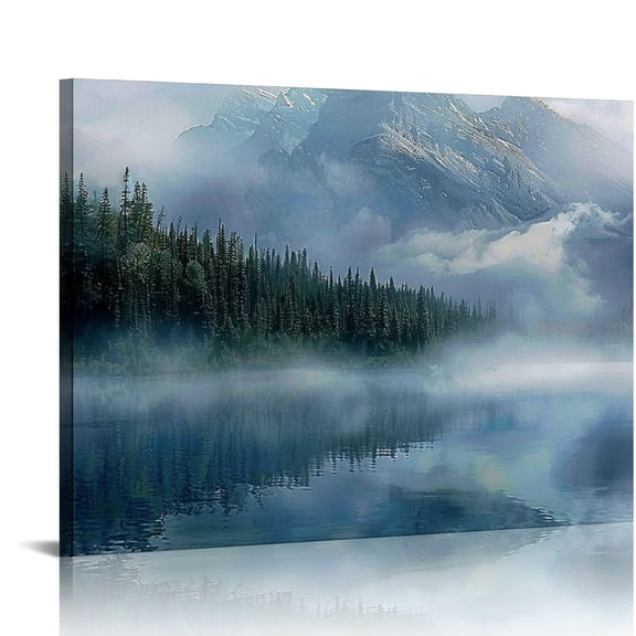 Fenyluxe Mountain Range Lake Fog Canvas Wall Art Ready to Hang for Home Decor 20x16in