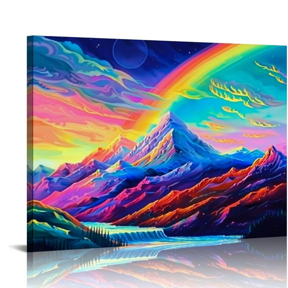 Fenyluxe Mountain Range Rainbow Sky Sunset Canvas Wall Art Print On Canvas Ready To Hang Room Home Art Decor 16x12in