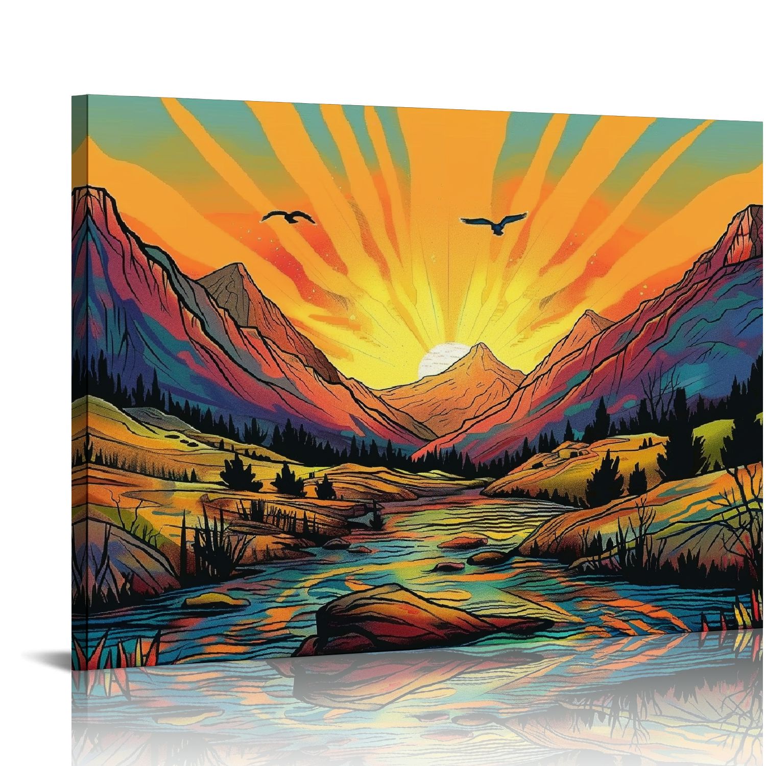 Fenyluxe Mountain River Sunset Birds Canvas Art Modern Prints Ready To ...