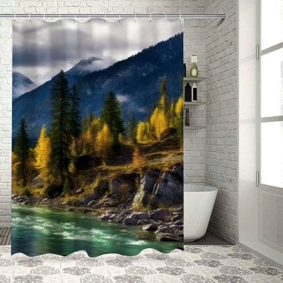 Fenyluxe Mountain Trees Landscape Pretty Shower Curtain Set with Hooks, 100% Polyester Fiber, Chic Modern Bathroom Decor 36x72