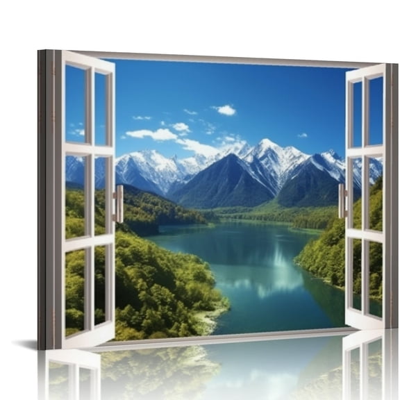Fenyluxe Mountains Lake Window Canvas Wall Decor for Bathroom Ready To Hang Room Home Art Decor 16x12in