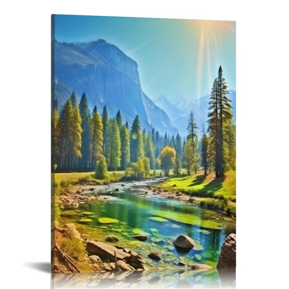Fenyluxe Mountains Trees River Canvas Wall Art Home Decor for Living ...
