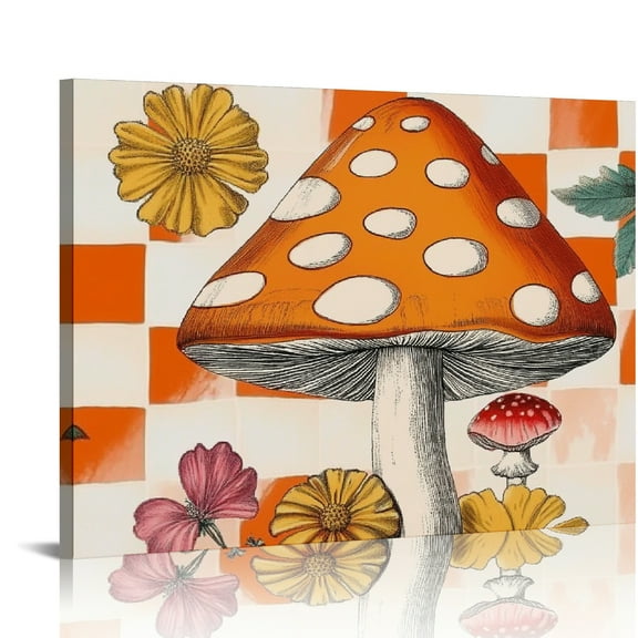 Fenyluxe Mushroom Flower Checkered Canvas Print Wall Art Decor Ready To Hang - Ideal Home Room Decor 16x12in
