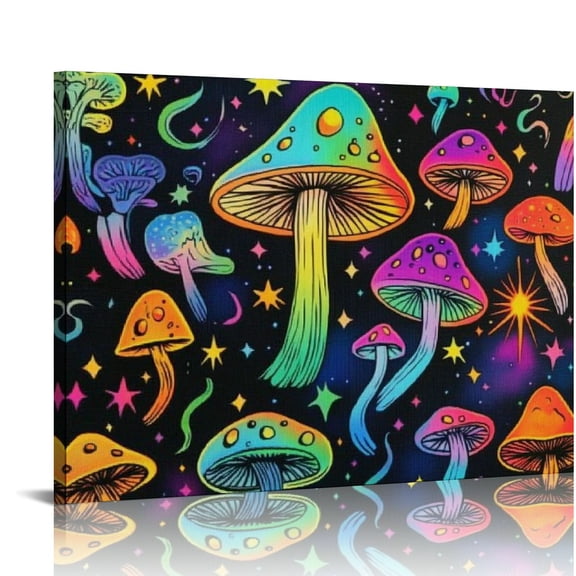 Fenyluxe Mushrooms Stars Psychedelic Wall Decor Print On Canvas Ready To Hang Room Home Art Decor 16x12in