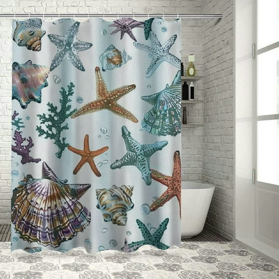 Fenyluxe Nautical Coastal Shower Curtain, Coral Conch Starfish Seashell Bathroom Curtain, Ocean Theme Underwater Marine Shower Curtain Set with Hooks for Bathroom White