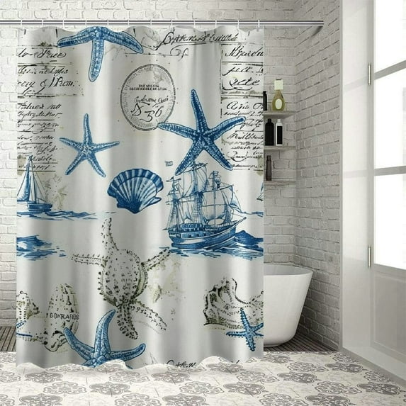Fenyluxe  Nautical Coastal Shower Curtain Vintage Sailboat Compass Lighthouse Anchor Ocean Beach Seahorse Seashell Starfish Shower Curtains for Bathroom Decor, with Hooks 60x72