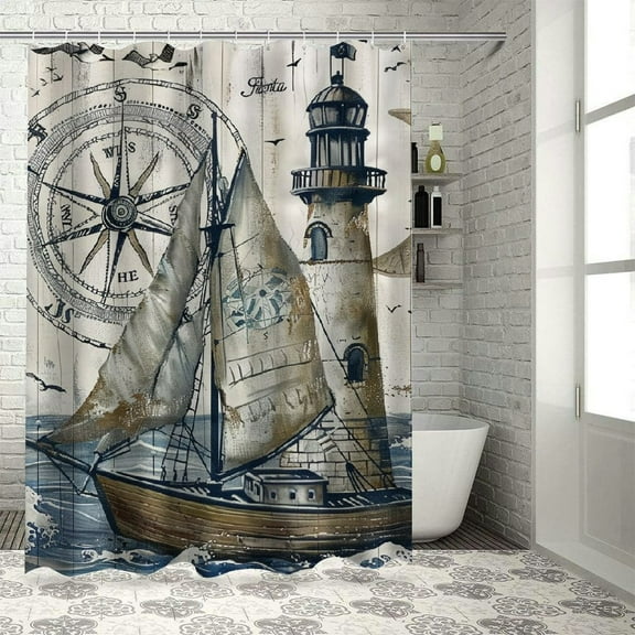 Fenyluxe  Nautical Sailboat Wooden Shower Curtain for Bathroom Accessories Rustic Compass Anchor Lighthouse Print On Vintage Barn Door Pirate Fabric Bathroom Decor Hooks 69x72