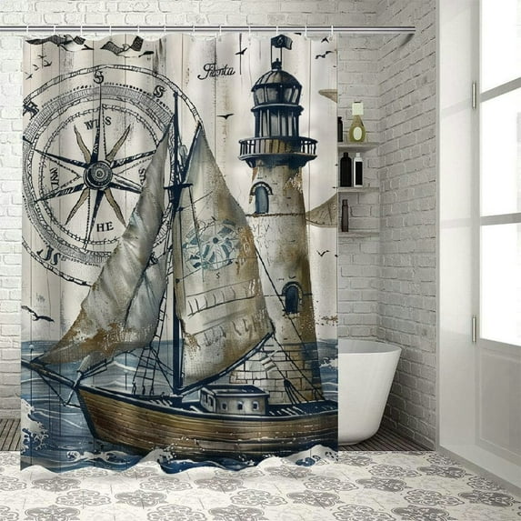 Fenyluxe Nautical Sailboat Wooden Shower Curtain for Bathroom Accessories Rustic Compass Anchor Lighthouse Print On Vintage Barn Door Pirate Fabric Bathroom Decor Hooks 36x72