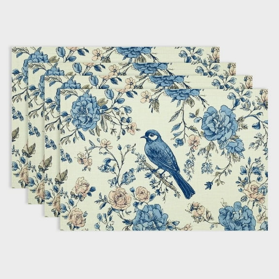 Fenyluxe  Navy Blue Floral Chinoiserie Placemats Set of 4,Seasonal Table Mats for Party Kitchen Dining Decoration 18x12in