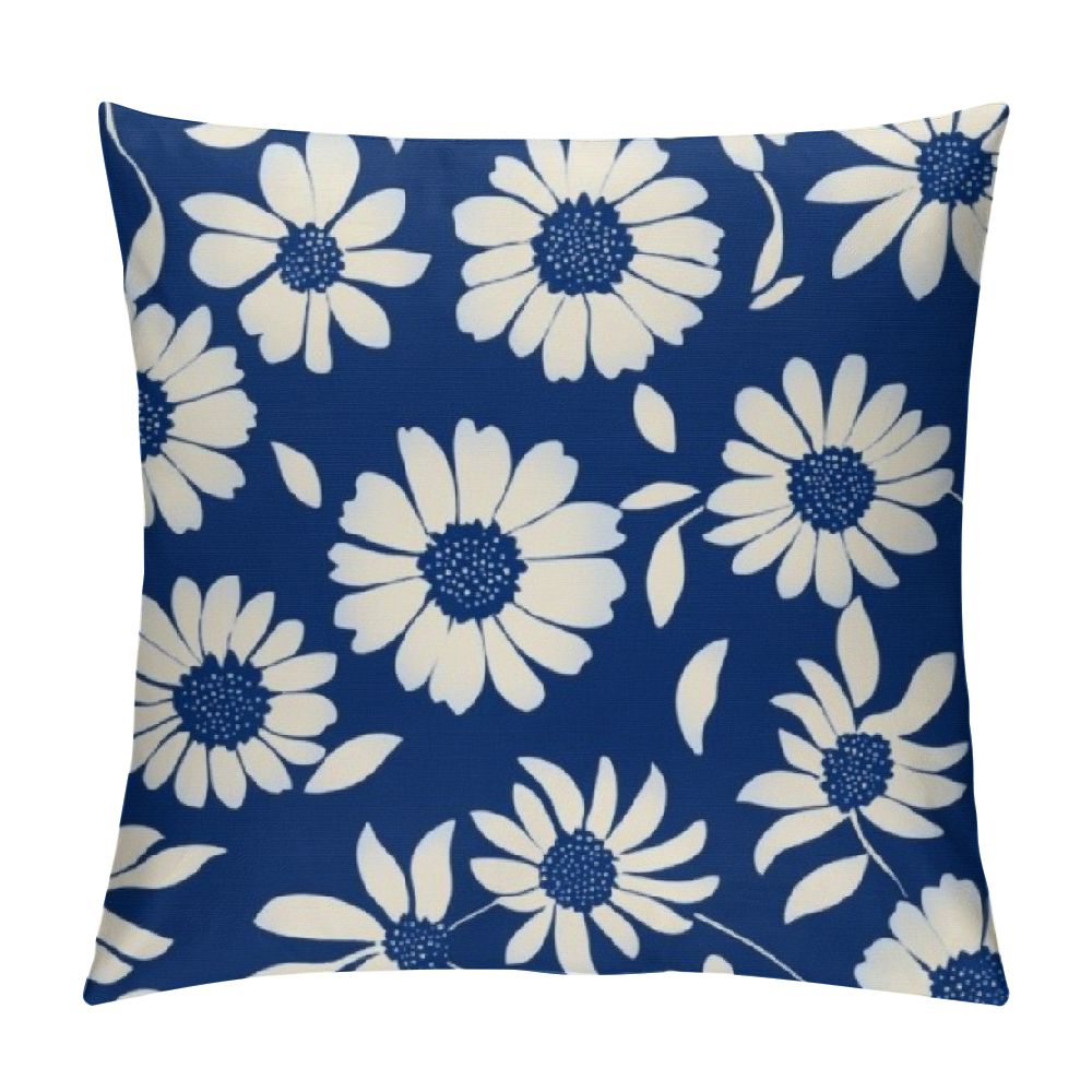 Fenyluxe Navy Blue Pillow Covers White Floral Daisy Geometry Decorative