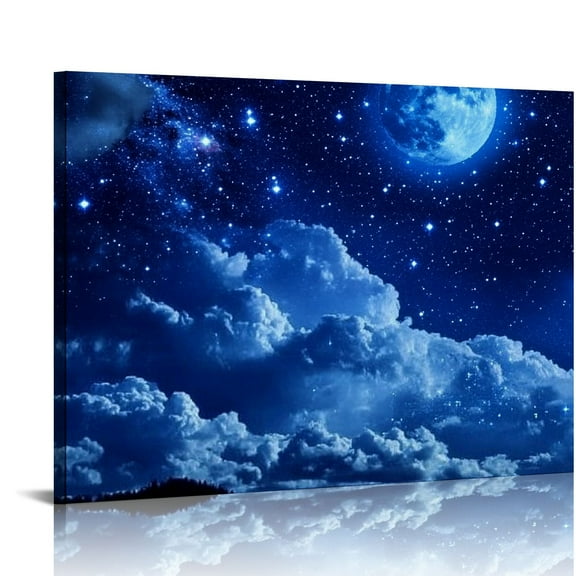 Fenyluxe Night Sky Stars Full Moon Canvas Prints Wall Art Decor for Bedroom Kitchen Ready To Hang Home Decoration 16x12in