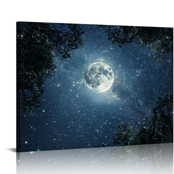 Fenyluxe Night Sky Stars Full Moon Canvas Wall Art Modern Prints for Home Decor 20x16in