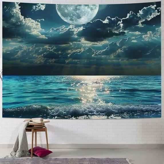 Fenyluxe Night Sky Tapestry Full Moon on Sea Tapestry Wall Hanging Fantasy White Cloud Tapestry Watercolor Tapestry Wall Art for Bedroom Living Room Dorm Wall Decor 40x60inch