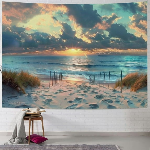 Fenyluxe Ocean Beach Scenic TapestryNature Blue North Holland Brown Sundown Blue Sky Seaside Costal Scenery Landscape Sand Vivid Wall Hanging Indigenous Bedroom Living Room 40x60inch