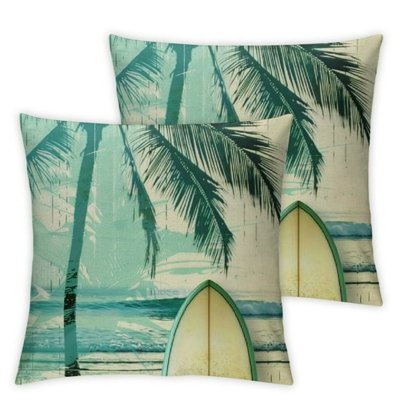 Fenyluxe Ocean Beach Throw Pillow Cover , Tropical Hawaiin Cushion Cover for Home Office Patio, Palm Tree Pillow Cover, Orange Surf Board Decorative Pillow Cover Summer Vacation Theme White