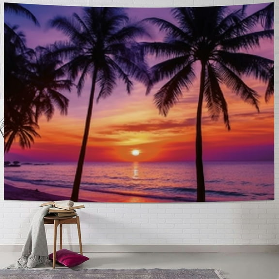 Fenyluxe  Ocean Sunset Tapestry Tropical Beach Palm Tree Dusk Sky Hawaii Seaside Nature Seascape Home Decor Tapestries Wall Blanket For Bedroom Living Room Dorm 40x30inch