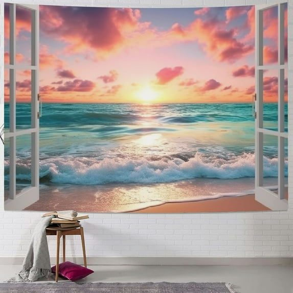 Fenyluxe Ocean Tapestry Wall Hanging Sea Beach Sunset Wall Tapestry White Window Pink Sky Landscape Tapestries for Bedroom Living Room Dorm Home Wall Decor 40x30inch